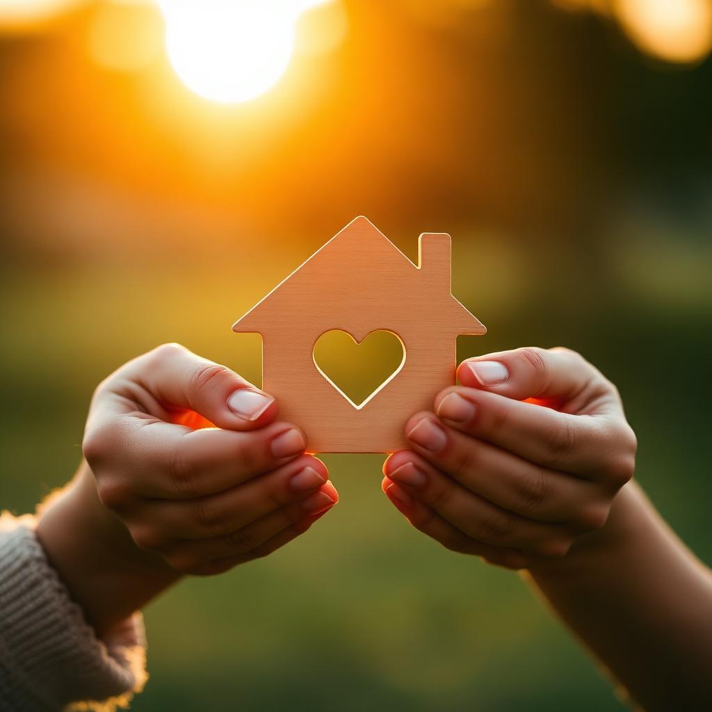 Mains tenant une maison en bois avec un cœur